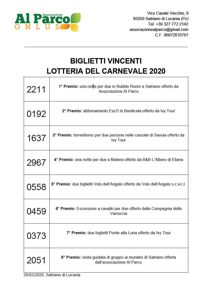 biglietti vincenti lotteria Carnevale di Satriano 2020